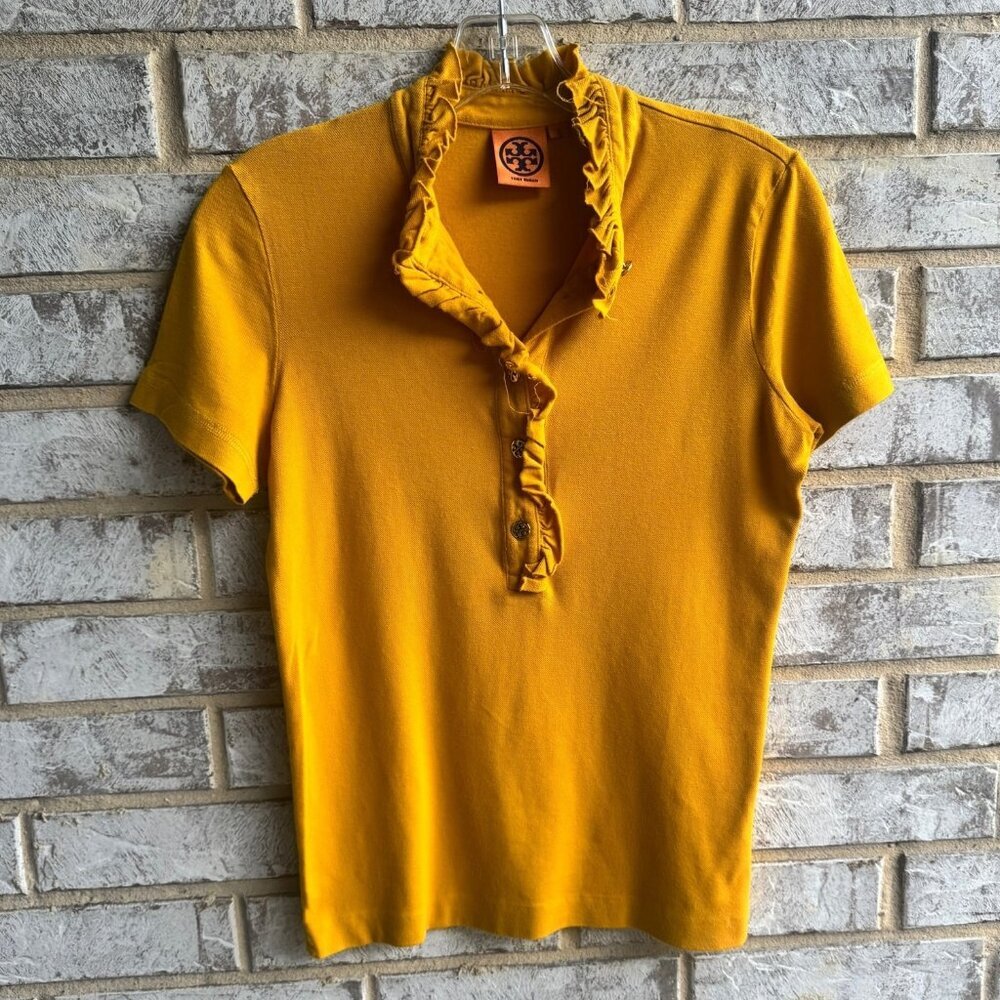 Tory Burch Short Sleeve 1/2 Botton Ruffle Neck T-Shirt Women's Size S.